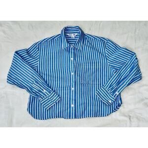 Cropped Striped Button Down Shirt Blue White Long Sleeve Casual Trendy Top Sz Sm